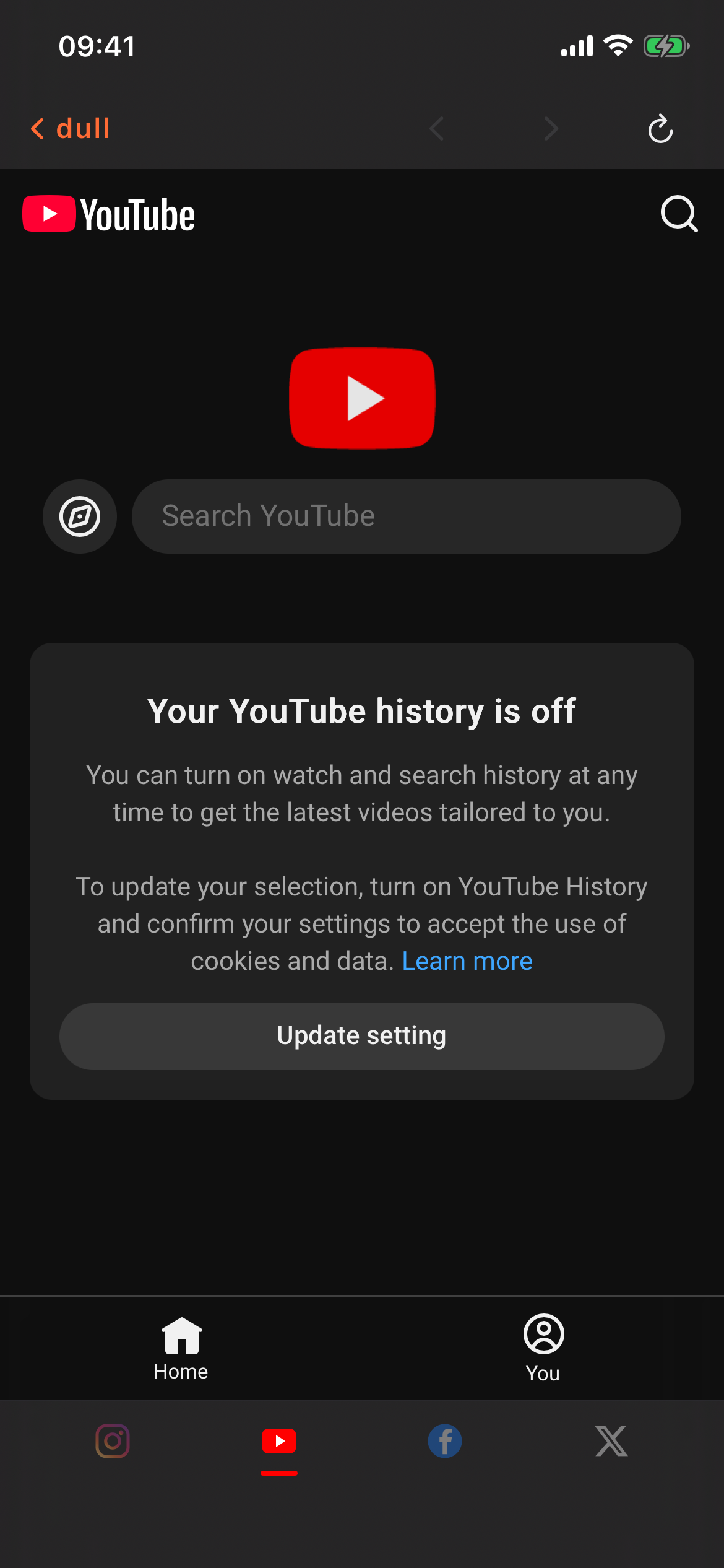 YouTube loaded in Dull with the Shorts shelf removed